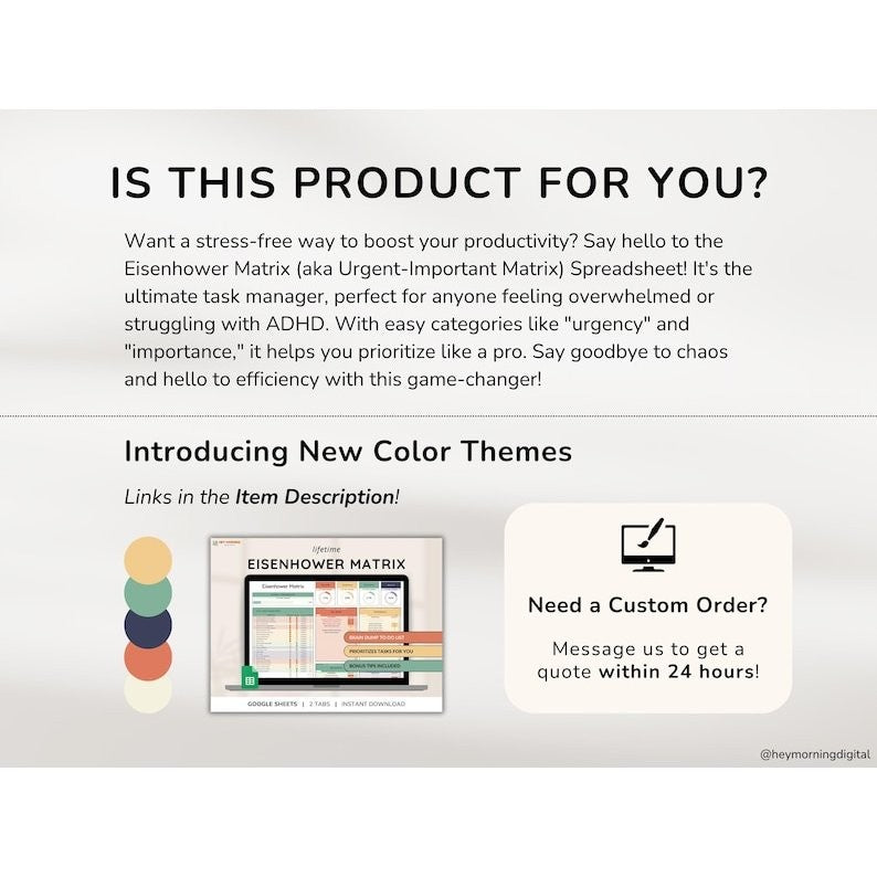 ADHD Planner Google Sheets | Eisenhower Matrix Decision Priority Task Manager Brain Dump Tool