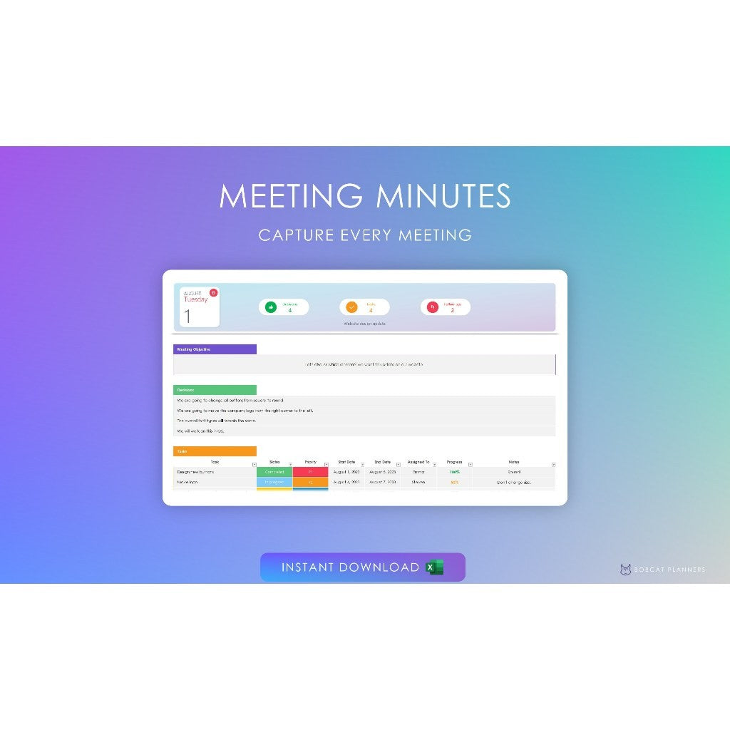 Meeting Minutes Planner Excel Template | Agenda Rapat Action Items & Notulen Tracker