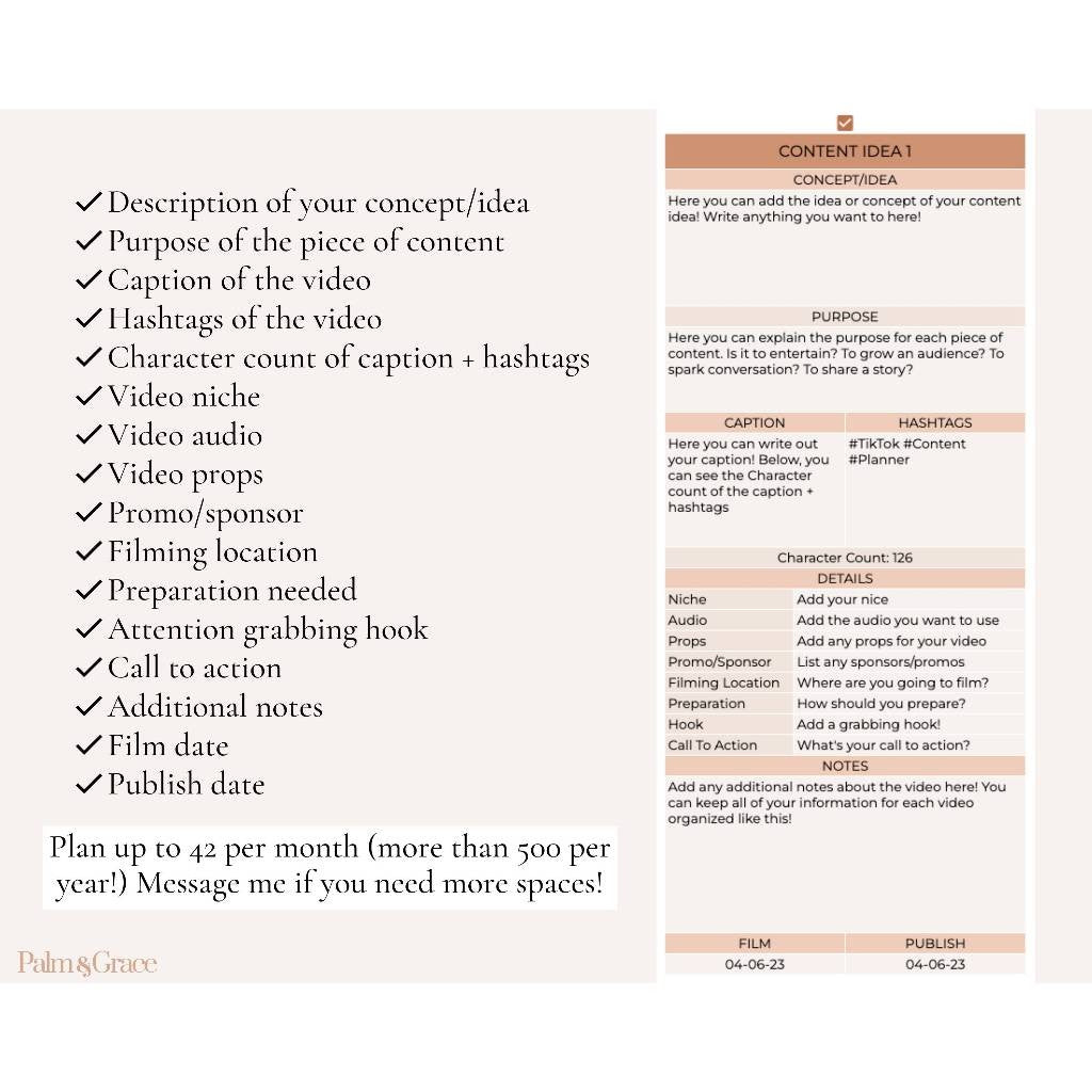 TikTok Content Planner Spreadsheet, Digital TikTok Planner, Google Sheets Social Media Content Calendar, Social Media Content Idea Organizer