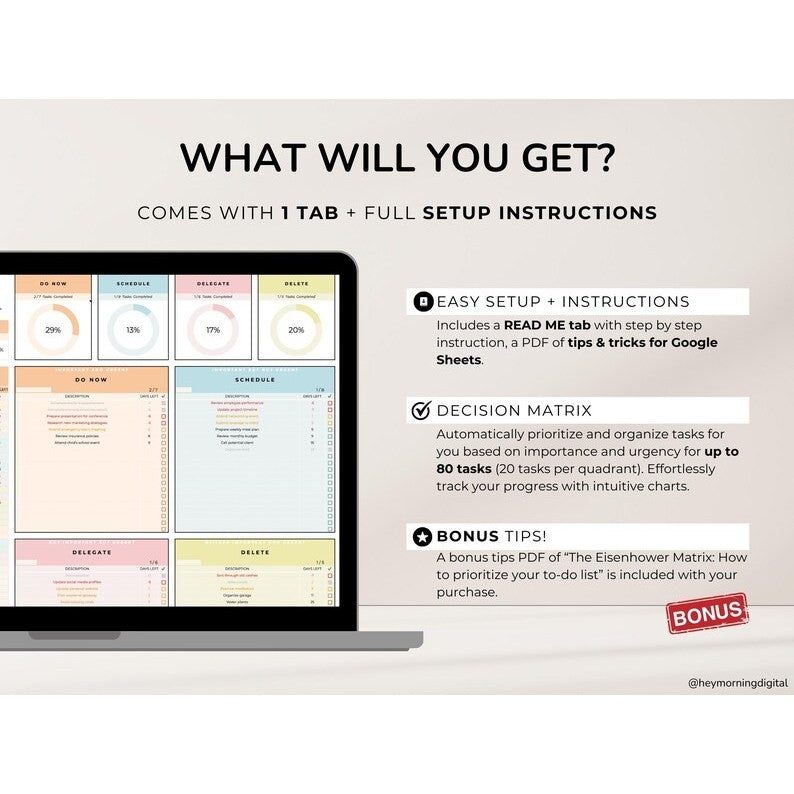 ADHD Planner Google Sheets | Eisenhower Matrix Decision Priority Task Manager Brain Dump Tool