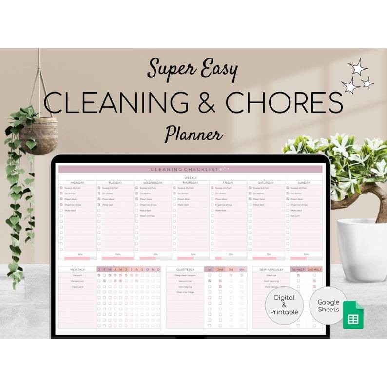 Cleaning Schedule Checklist Template GSheets | Weekly Monthly Yearly Chore Chart & House Planner