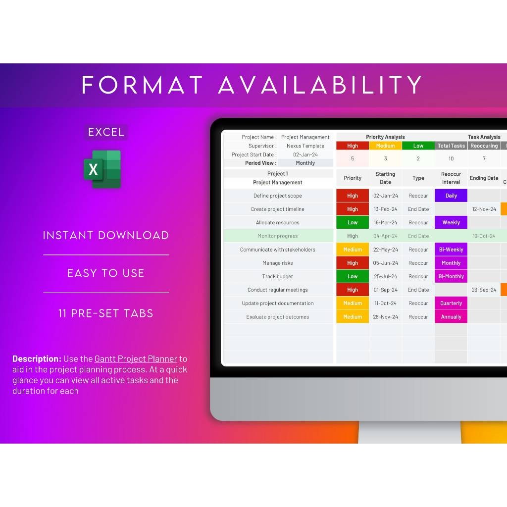 Project Planner Excel Gantt Chart Template | Multi Project Tracker Timeline Deadline Manager