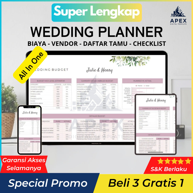 (ADL- 99) Wedding Planner Template RENCANA PERNIKAHAN / Perencanaan Pernikahan Sheets Checklist Vendor Biaya Anggaran Pernikahan Daftar Tamu Tugas Rundown Pernikahan Wedding Planner Template Pernikahan