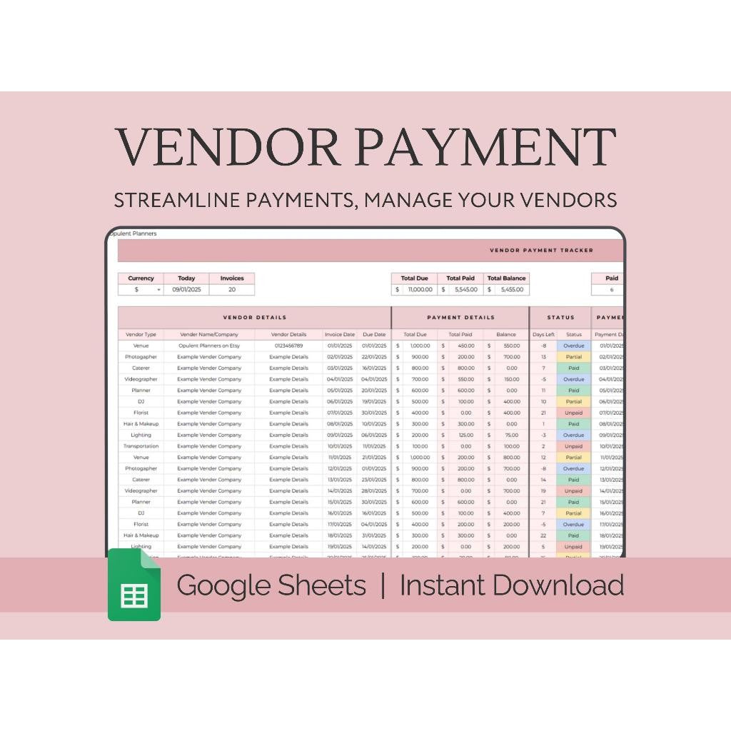 Vendor Payment Tracker Google Sheets | Wedding Vendor Deposit Schedule & Pembayaran Vendor