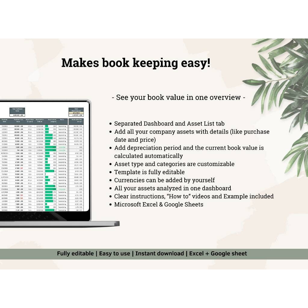Template Asset Tracker Excel & Google Sheets | Amortisasi Depresiasi & Manajemen Aset Bisnis