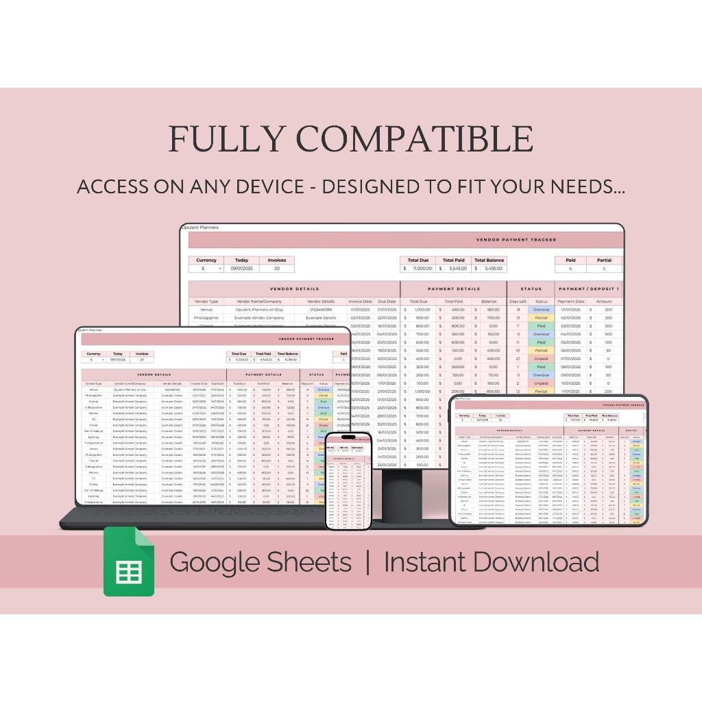 Vendor Payment Tracker Google Sheets | Wedding Vendor Deposit Schedule & Pembayaran Vendor