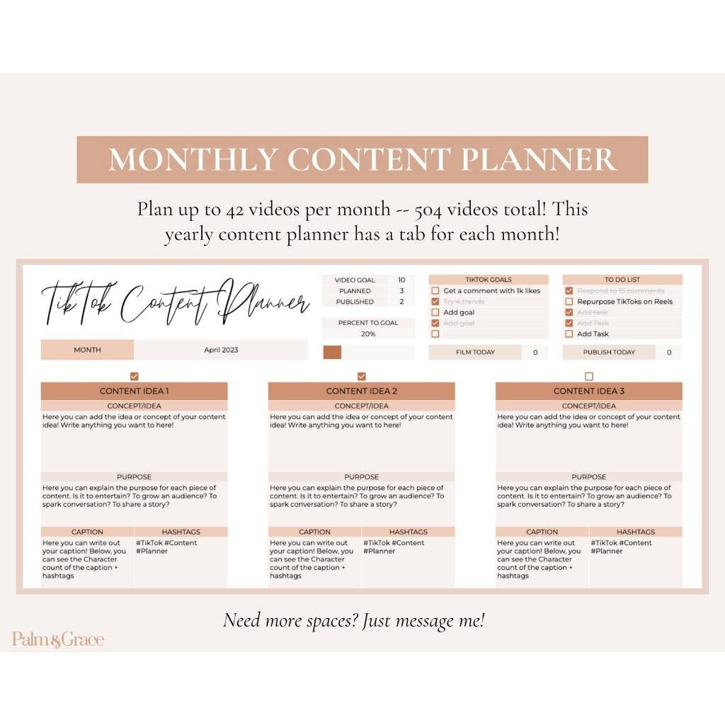 TikTok Content Planner Spreadsheet, Digital TikTok Planner, Google Sheets Social Media Content Calendar, Social Media Content Idea Organizer