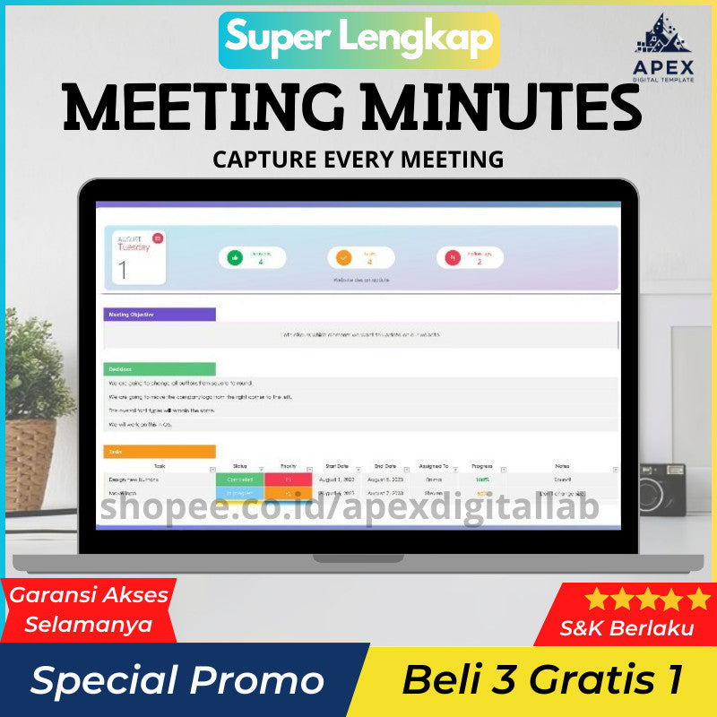 Meeting Minutes Planner Excel Template | Agenda Rapat Action Items & Notulen Tracker