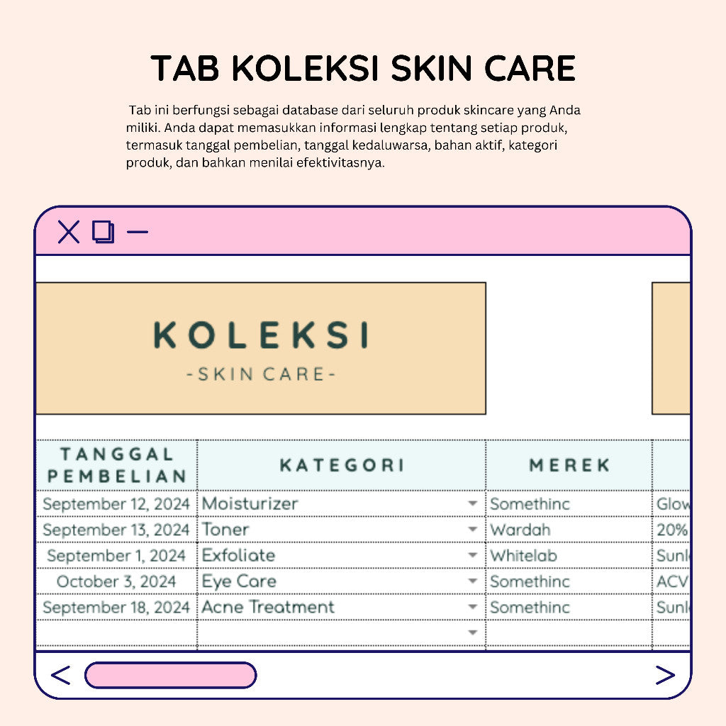 Skincare Routine & Collection Tracker | Template Google Spreadsheet Pelacak Perawatan Kulit