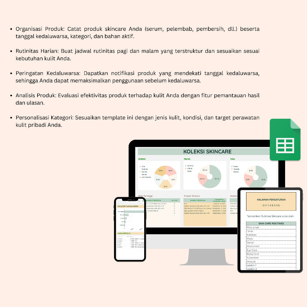 Skincare Routine & Collection Tracker | Template Google Spreadsheet Pelacak Perawatan Kulit