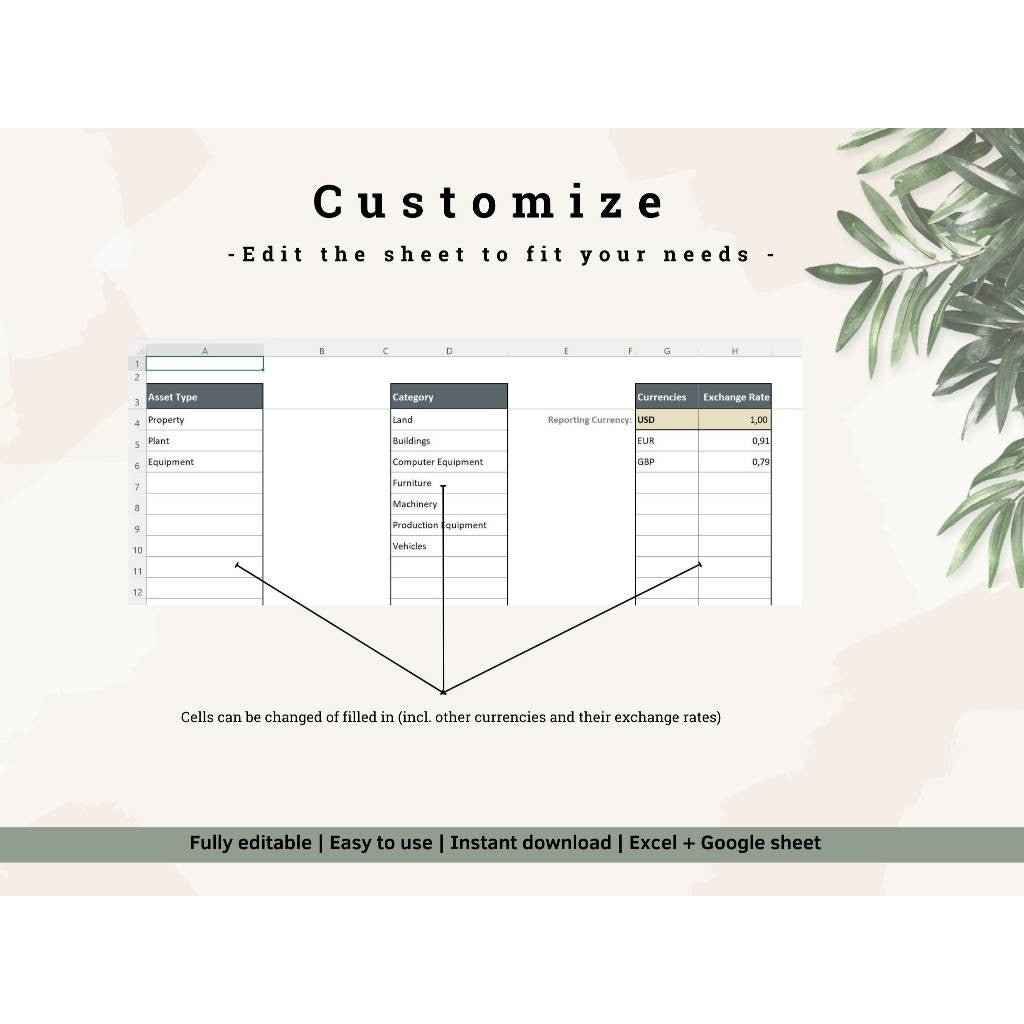 Template Asset Tracker Excel & Google Sheets | Amortisasi Depresiasi & Manajemen Aset Bisnis