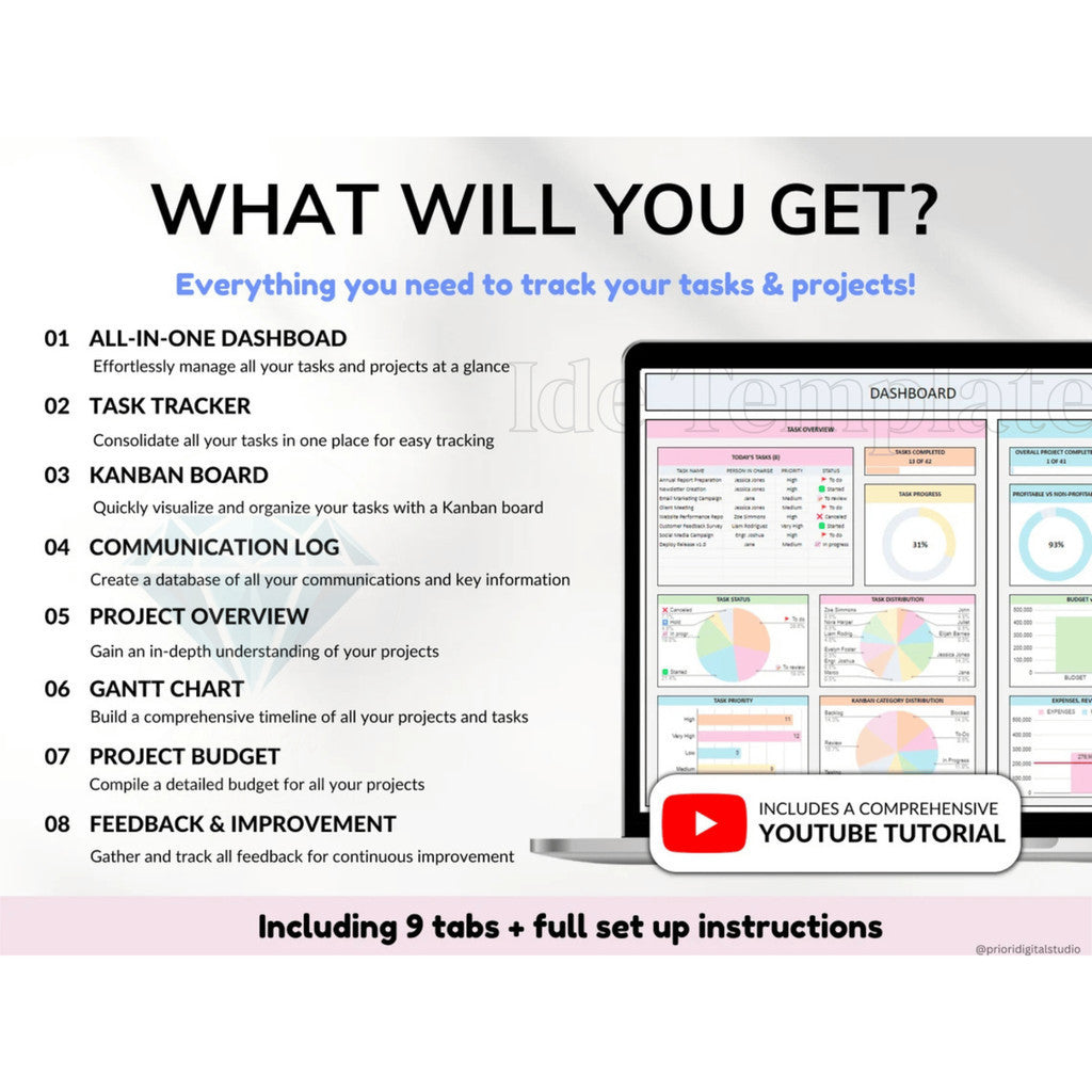 (ADL - 125)  Project Management Tools Spreadsheet | Task Tracker Gantt Chart Kanban for Business