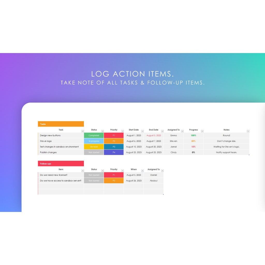 Meeting Minutes Planner Excel Template | Agenda Rapat Action Items & Notulen Tracker