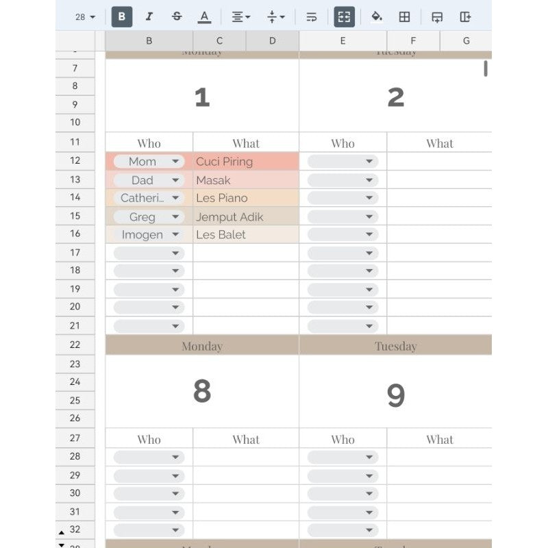 Template Jadwal Bulanan & Harian Gsheet| Jadwal Keluarga Piket Les Group Monthly Scheduler Planner