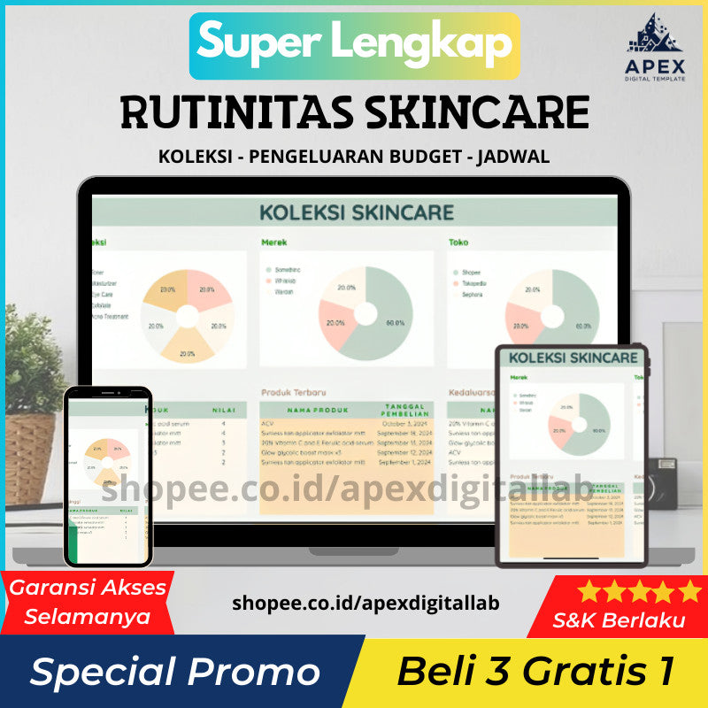 Skincare Routine & Collection Tracker | Template Google Spreadsheet Pelacak Perawatan Kulit