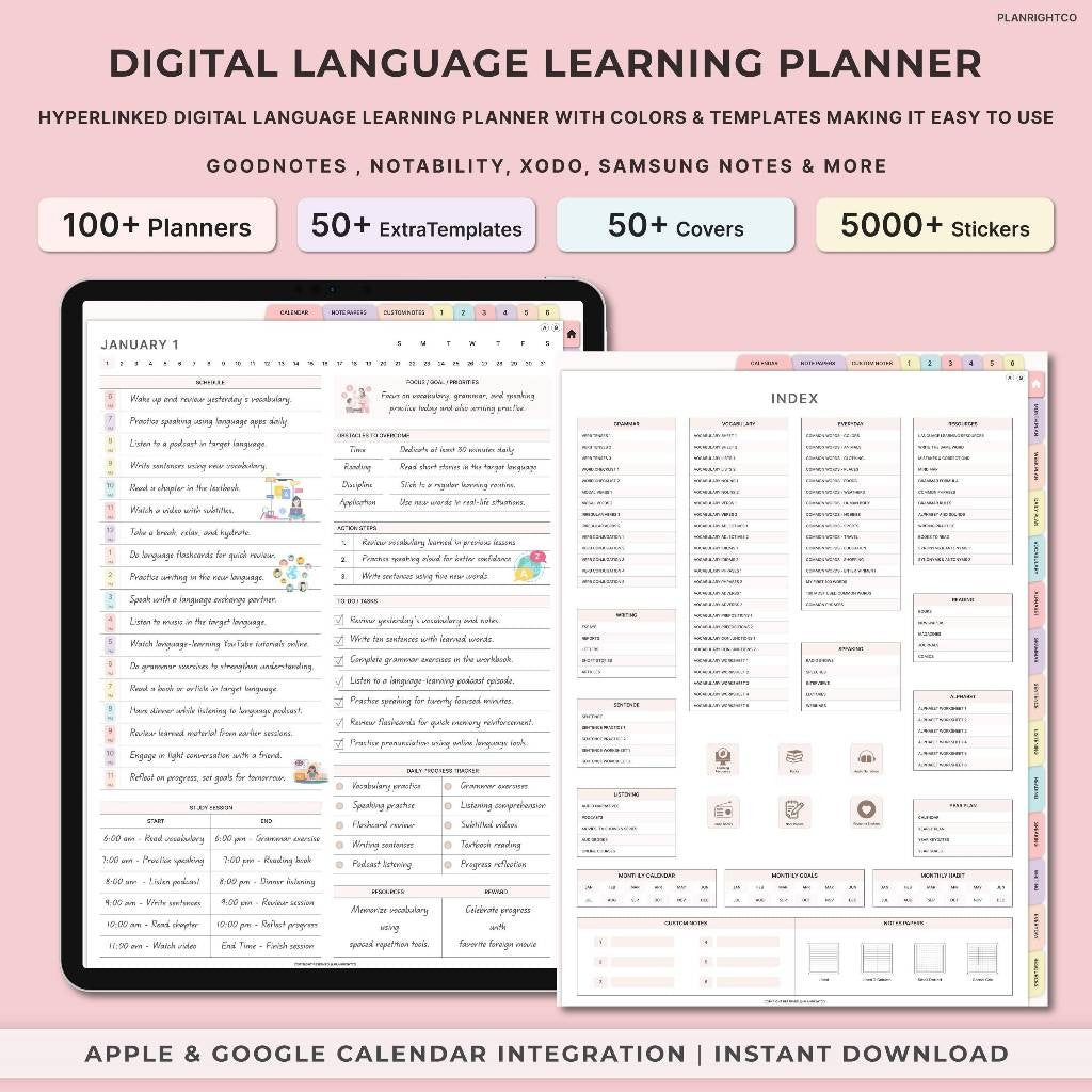 Digital Language Learning Planner | Template Belajar Bahasa Inggris Korea Jepang Mandarin Prancis