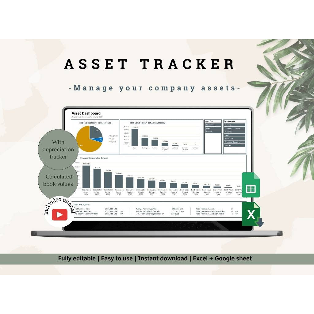 Template Asset Tracker Excel & Google Sheets | Amortisasi Depresiasi & Manajemen Aset Bisnis