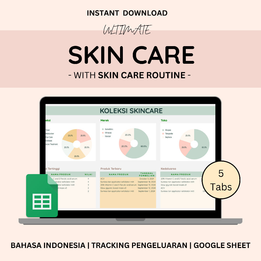Skincare Routine & Collection Tracker | Template Google Spreadsheet Pelacak Perawatan Kulit