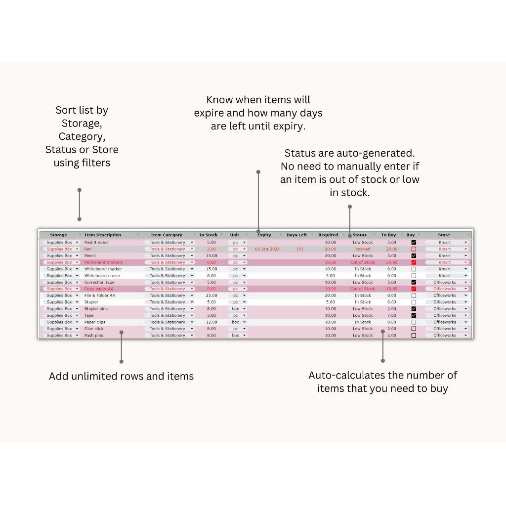Office Supplies Inventory and Shopping List Google Sheets