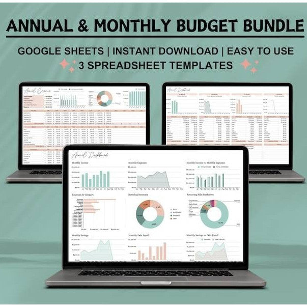 Annual & Monthly Budget Spreadsheet Bundle Google Sheets Savings Tracker Debt Control Personal Finances Easy Monthly Budgeting Template