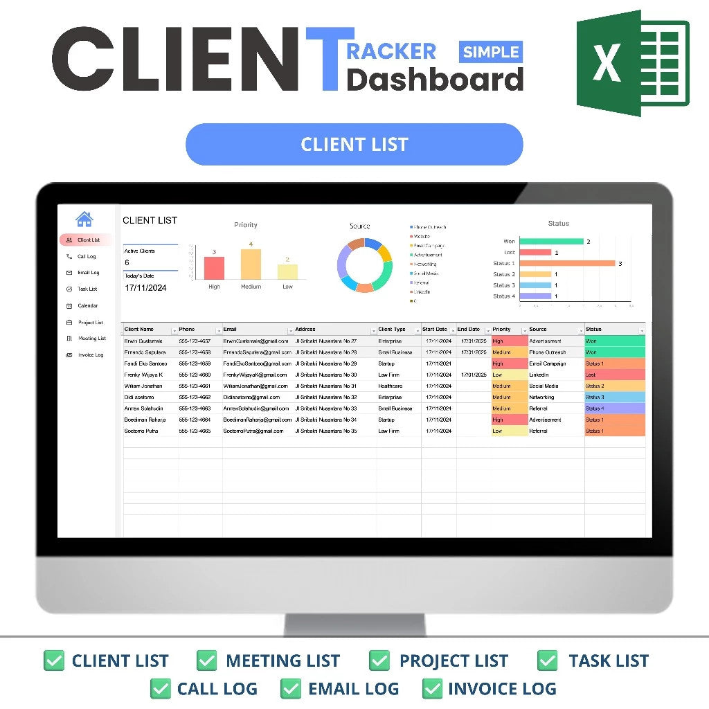 Excel Client Tracker  CRM Dashboard, Small Business Template, Excel Business Tracker, Business Planner Business Spreadsheet, Lead Tracker