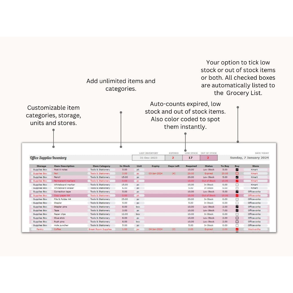 Office Supplies Inventory and Shopping List Google Sheets