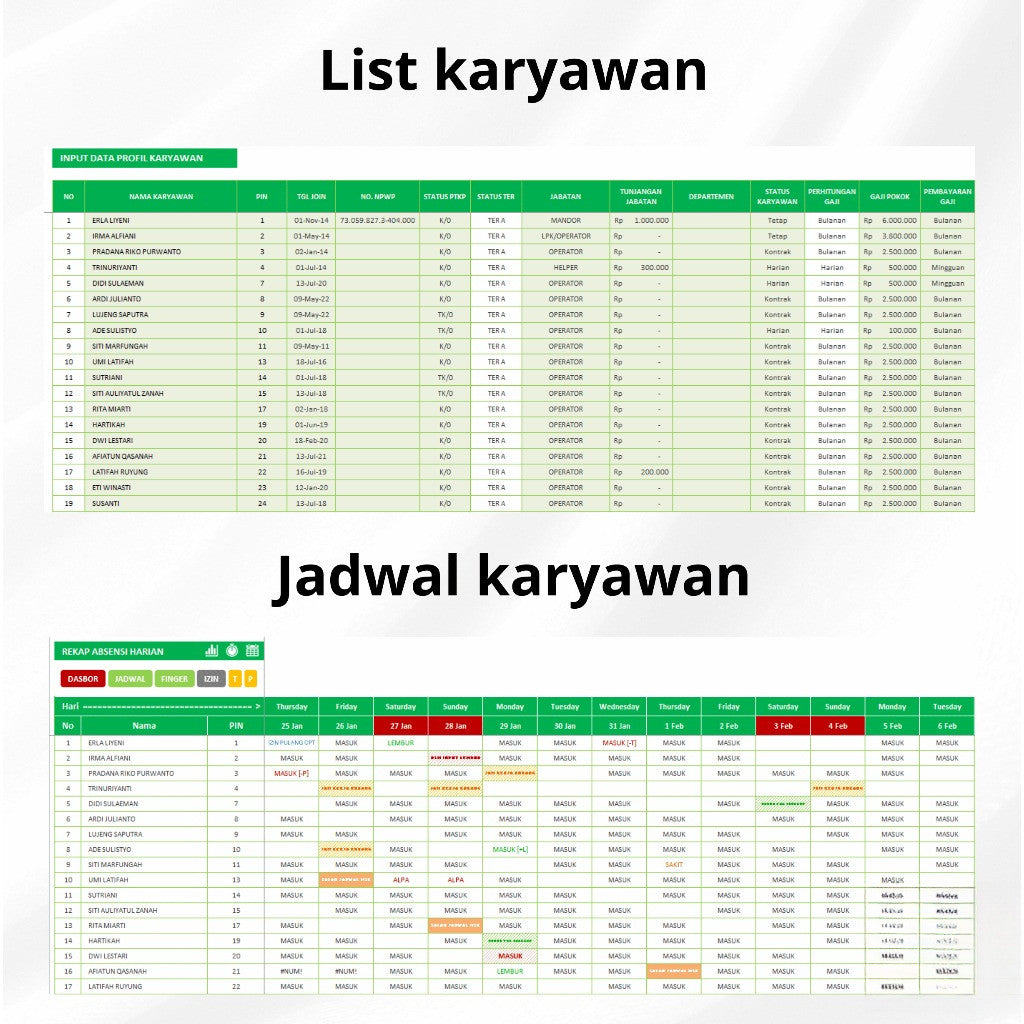 (55) Template Excel Slip Gaji & KPI Kehadiran Karyawan Otomatis - Integrasi Fingerprint termasuk perhitungan pph 21 pph21 pajak untuk HR Bisnis dan Usaha