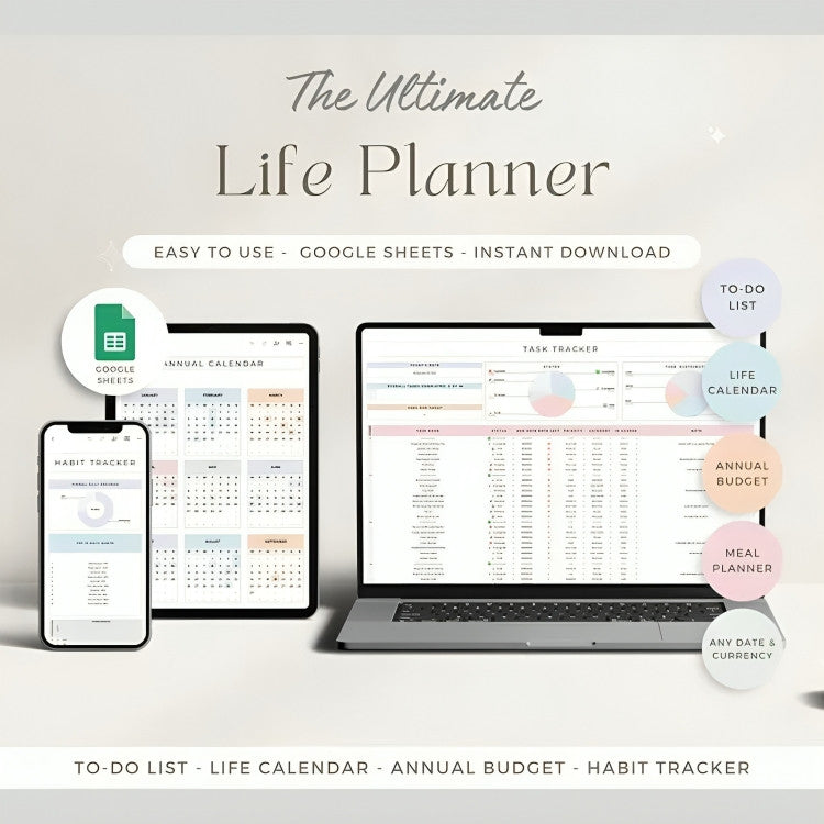 (ADL - 92) 10 in 1 Life Planner Google Sheets | Budget Tracker, Calendar 2025, Habit & To Do List