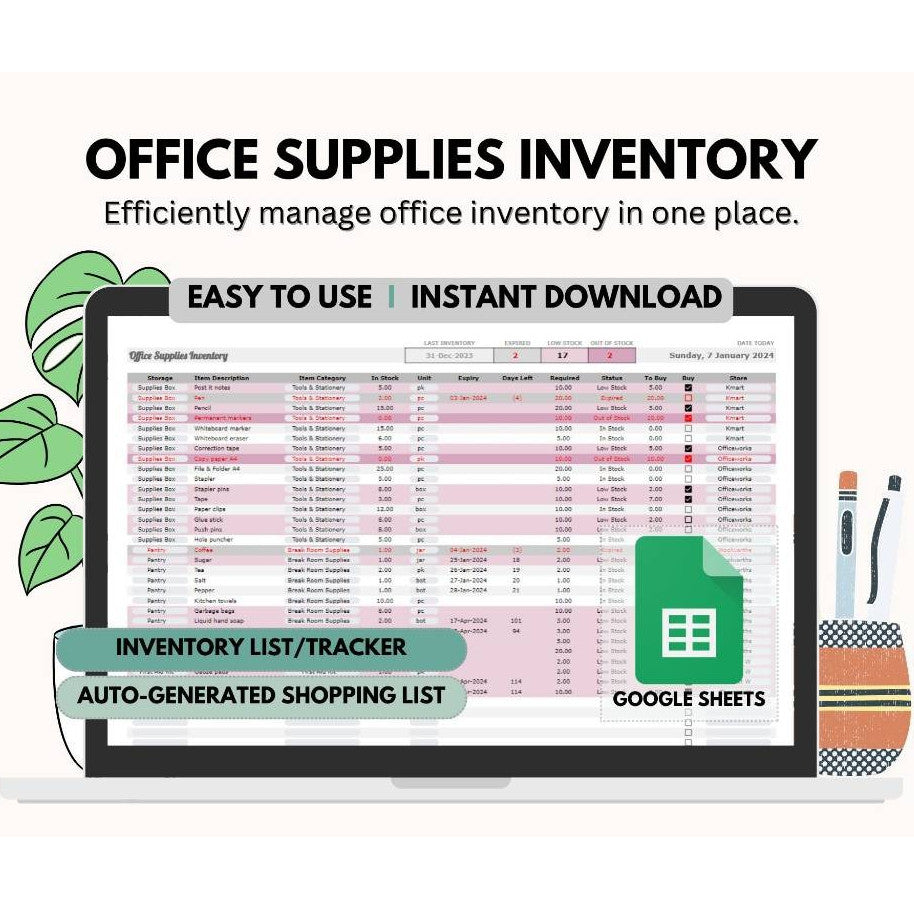 Office Supplies Inventory and Shopping List Google Sheets