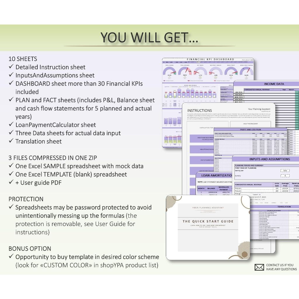 Ultimate 30 KPI Financial Dashboard, Business Planning And Tracking, 5-year plan and tracking, Fully Automatic, P&L, Purple