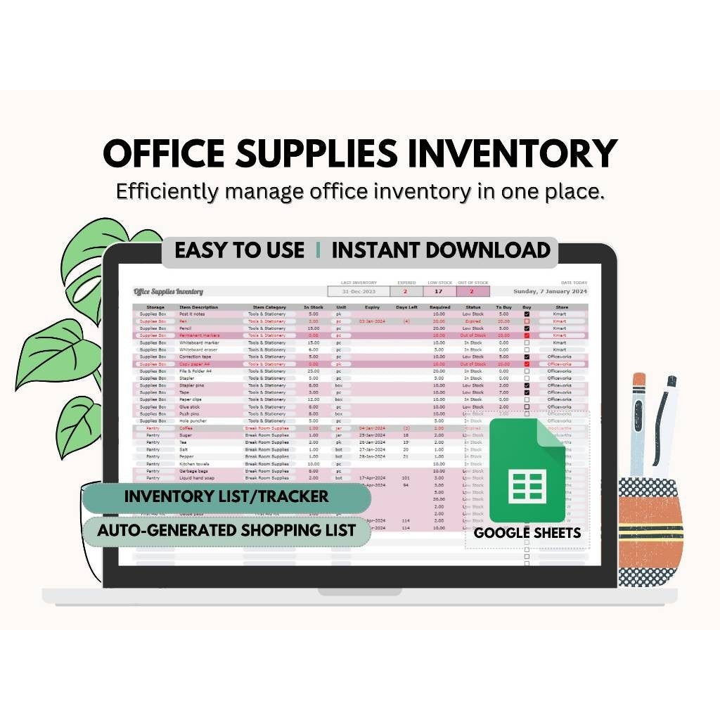 Office Supplies Inventory and Shopping List Google Sheets