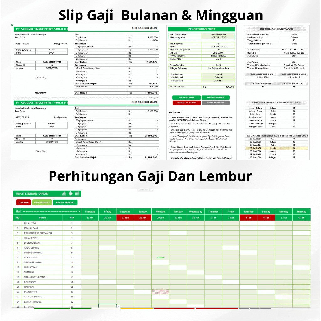 (55) Template Excel Slip Gaji & KPI Kehadiran Karyawan Otomatis - Integrasi Fingerprint termasuk perhitungan pph 21 pph21 pajak untuk HR Bisnis dan Usaha