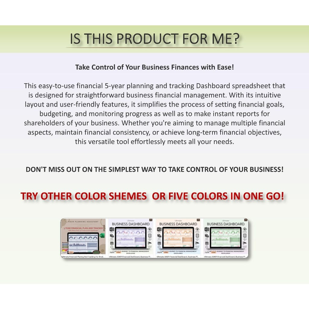 Ultimate 30 KPI Financial Dashboard, Business Planning And Tracking, 5-year plan and tracking, Fully Automatic, P&L, Purple