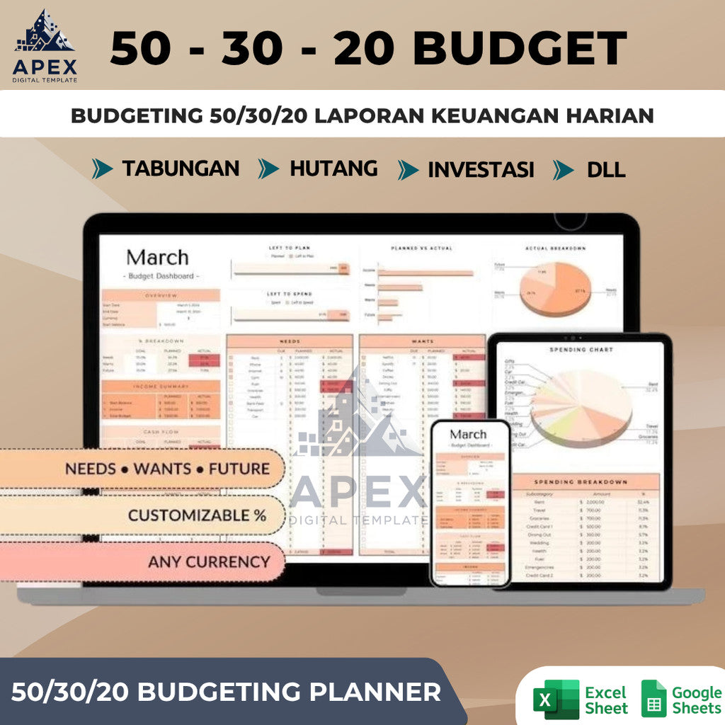 (ADL - 66) Template 50/30/20 Budget Planner | Laporan Keuangan Pribadi & Keluarga Harian Bulanan