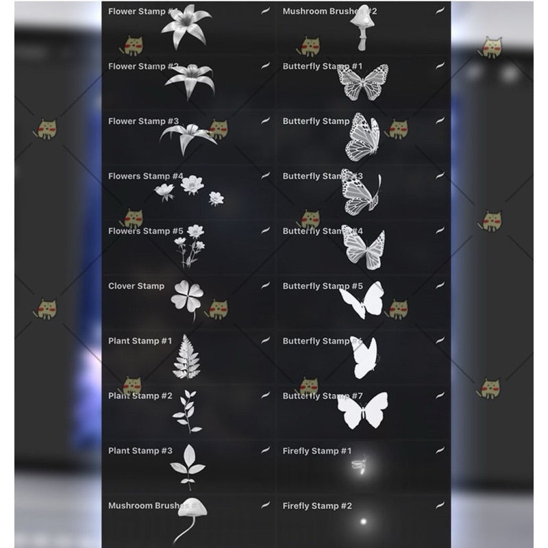 Procreate บรัชป่าเวทมนตร์ ผีเสื้อ ดอกไม้ ดวงจันทร์