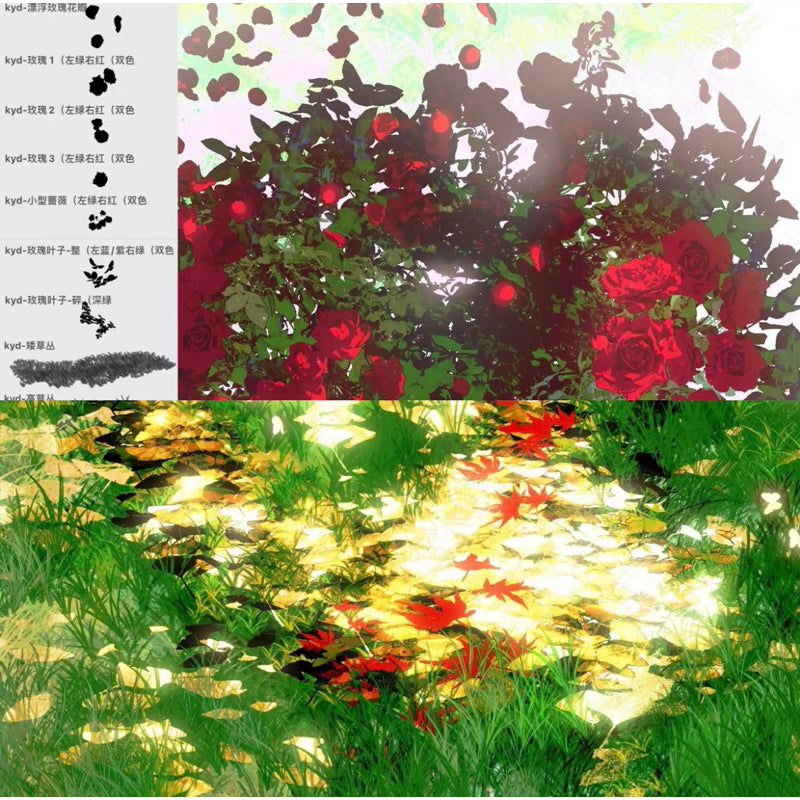 Procreate 40 บรัชดอกวิสทีเรีย กลีบดอก หญ้า ผีเสื้อ